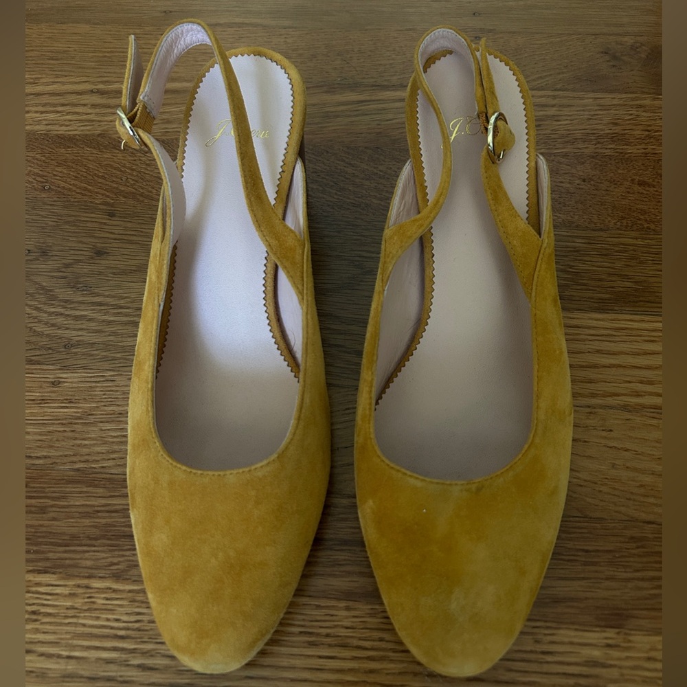 J.Crew Elegant Mustard Slingback Heels With Gold Buckle Detail